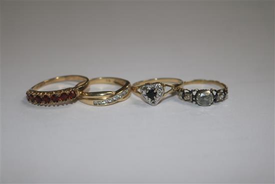 A 19th century gold, silver and rose cut diamond ring and three 9ct rings.